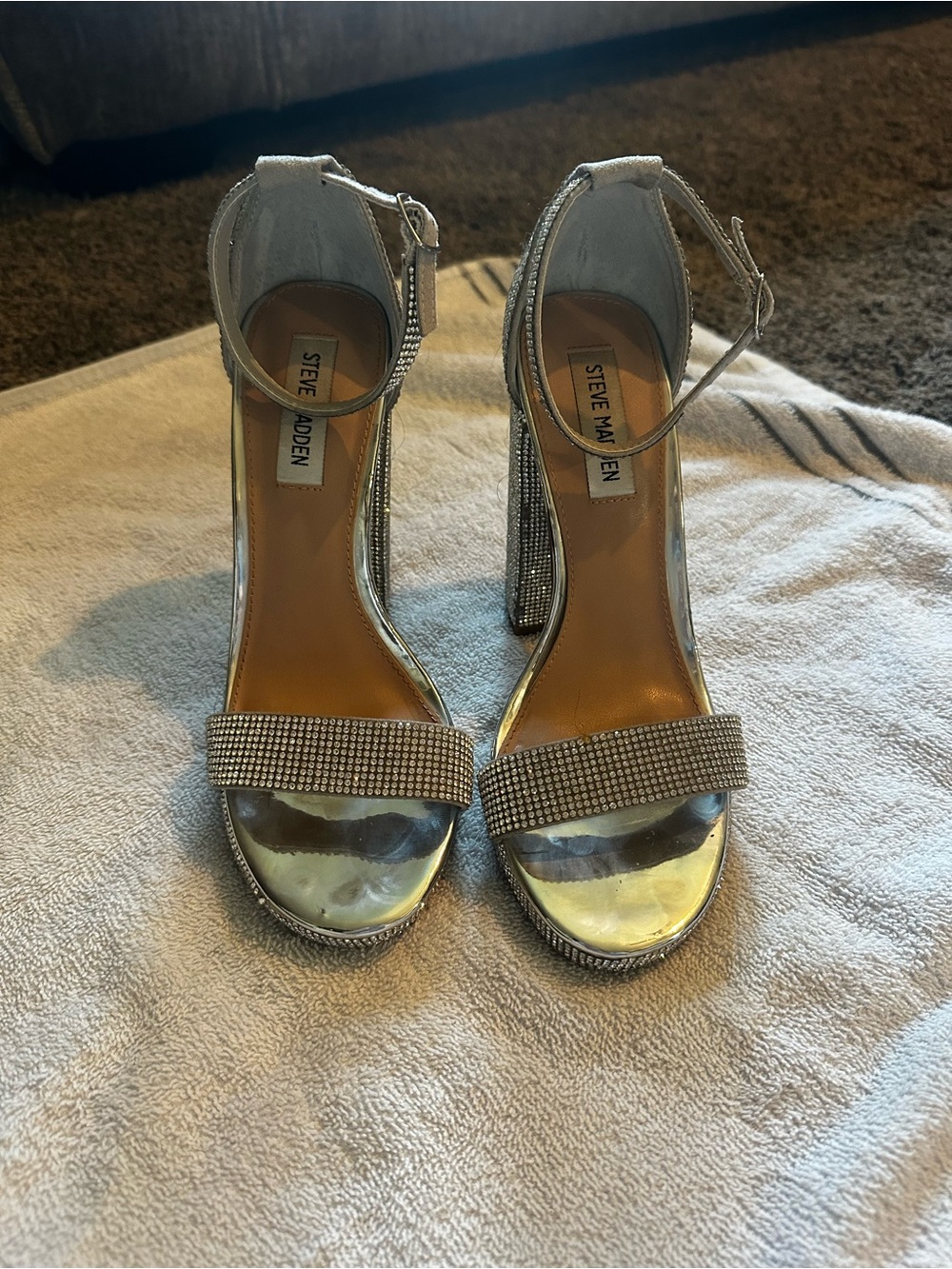 Steve Madden Silver Crystal-Embellished Ankle-Strap Block Heels